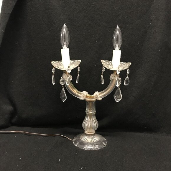 Vintage Electric Table Lamp Clear Glass Two Lite Chandalier Crystals 14 X 5 - Picture 1 of 9